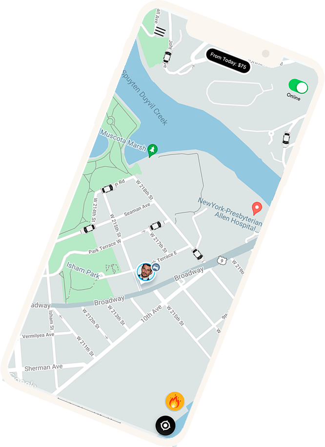 Ready Go USA app open on a phone, with a car service ride under way in New York City