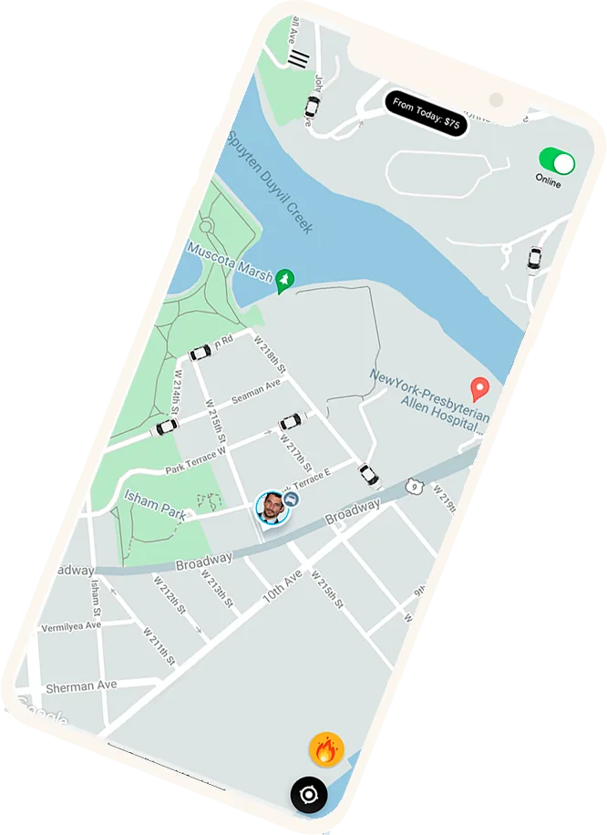 Ready Go USA app open on a phone, with a car service ride under way in New York City