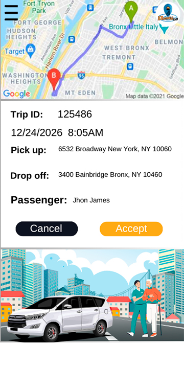 Ready Go USA driver screen for a non-emergency medical transportation trip, showing the route from Broadway to Bainbridge Avenue in the Bronx and a wheelchair-accessible van