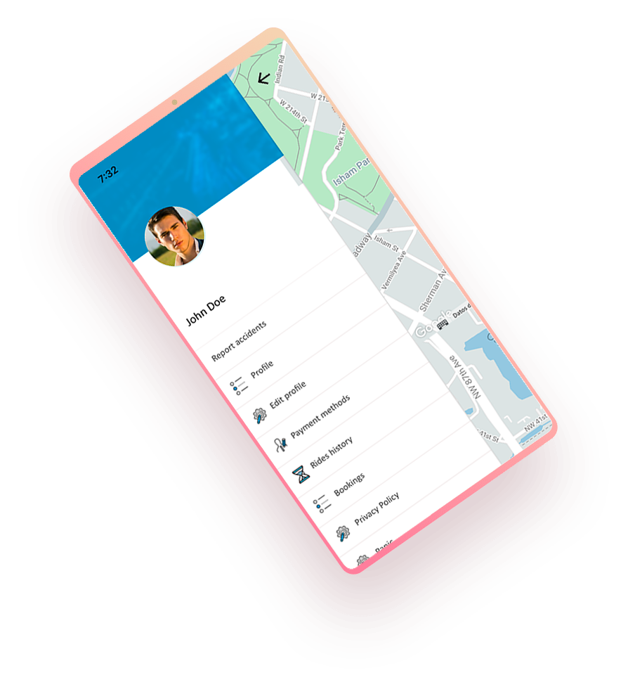 Ready Go USA app main menu with booking, trips and wallet options