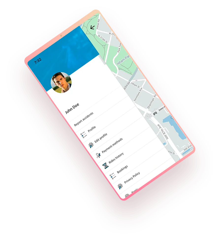 Ready Go USA app main menu with booking, trips and wallet options