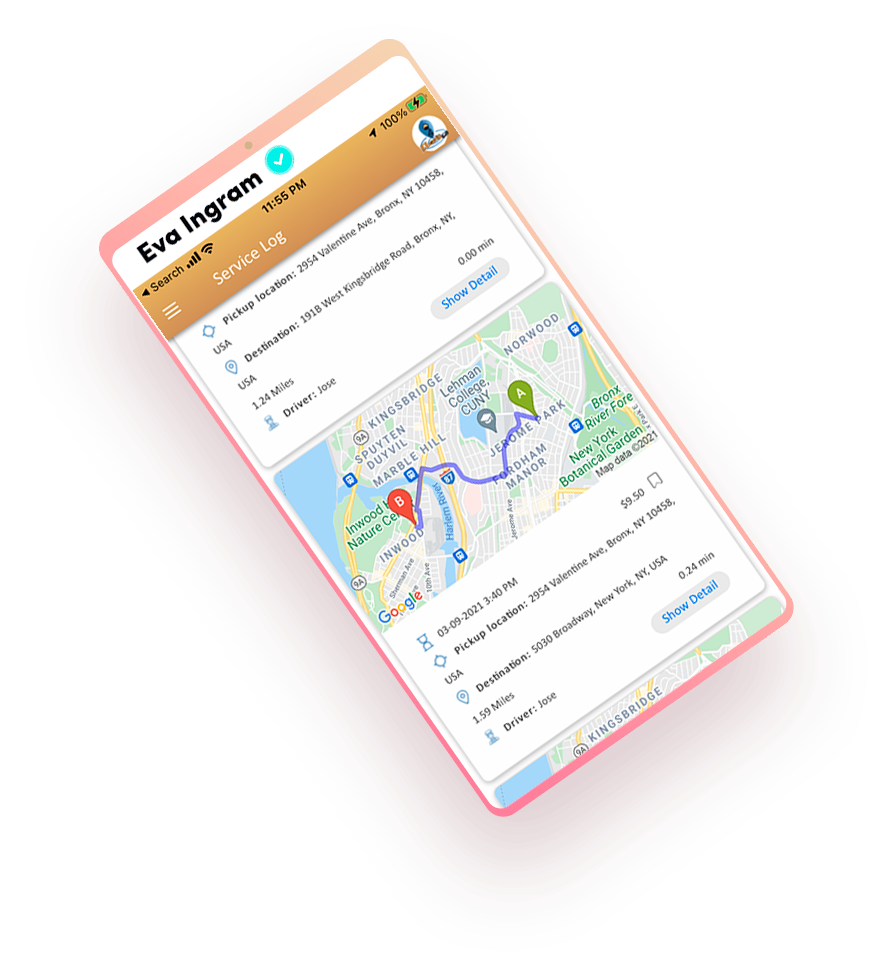 Ready Go USA app trip history, listing pickup and drop-off addresses, distance and fare for past Bronx rides