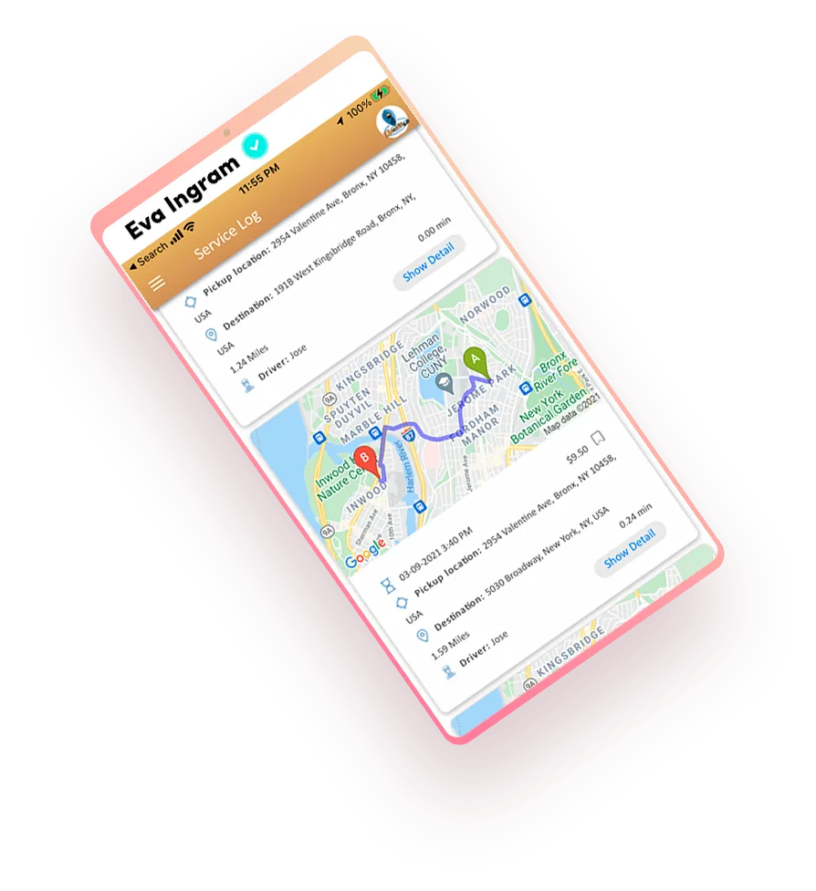 Ready Go USA app trip history, listing pickup and drop-off addresses, distance and fare for past Bronx rides