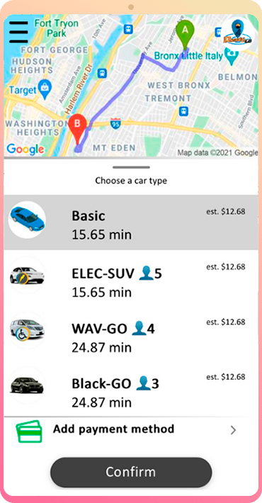 Ready Go USA app choosing a car type for a Bronx trip: Basic, ELEC-SUV, WAV-GO wheelchair accessible and Black-GO, each with a fare estimate